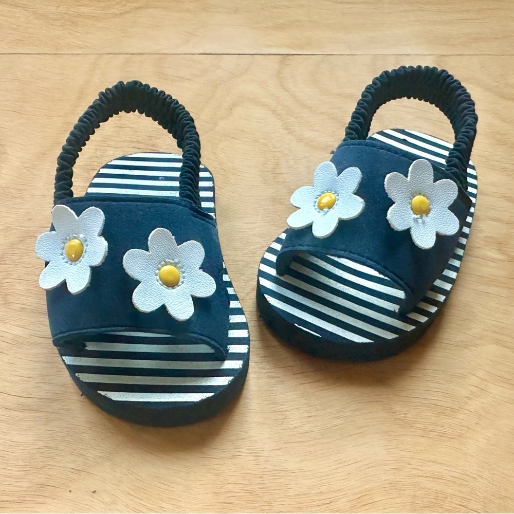 Baby Sandals 0-6 Months Navy Blue Floral Elastic Strap Summer Shoes